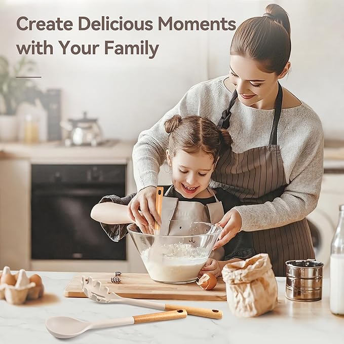 NCUE Kitchen Utensils Set, Large Non-stick Silicone Cooking Utensils Set 6 Pcs, Wooden Handle Heat Resistance Silicone Spatula Soup Ladle Pasta Server Kitchen Gadgets Utensils Set BPA Free (Khaki)