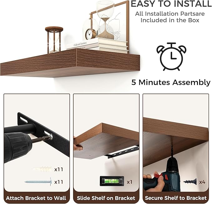 Venusmiles Floating Shelves for Wall, 55 Inch Floating Shelves Set of 2, 6.5" D Wooden Wall Mounted Display Shelves with Invisible Brackets for Living Room, Bedroom, Bathroom, Kitchen Decor, Walnut