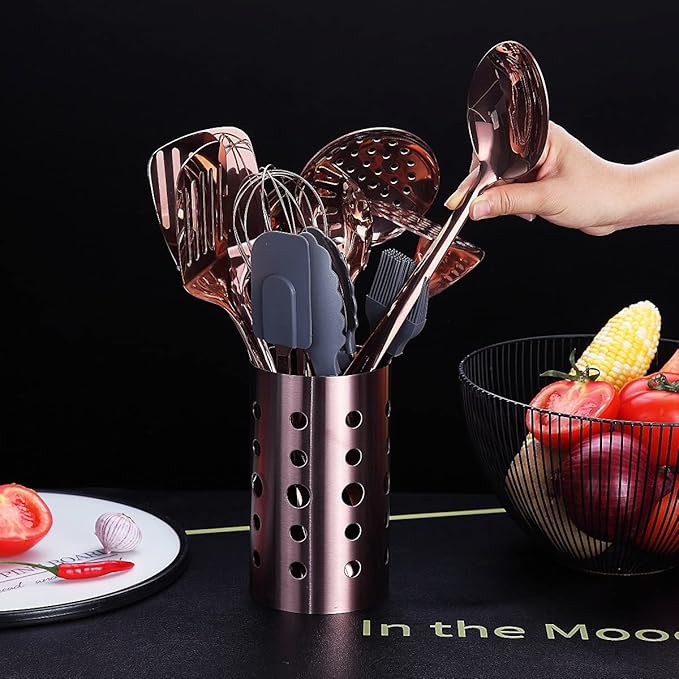 Copper Kitchen Utensils Set,13 Pieces Stainless Steel Cooking Utensils Set With Titanium Rose Gold Plating,Kitchen Tools Set With Utensil Holder For Non-Stick Cookware Dishwasher Safe (13 Packs)