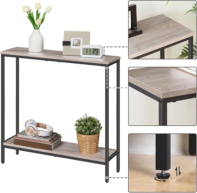 HOOBRO 29.5" L Narrow Console Table, Sofa Table Behind Couch with 2-Tier Storage Display Shelves, 8.7" D Small Entryway Table for Hallway, Foyer, Living Room, Bedroom, Greige and Black BG22XG01