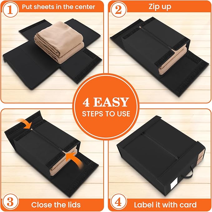 WOWBOX Sheet Organizers and Storage,Closet Bed Sheet Organizer Under Bed Storage and Organization with Label Cards & Clear Window for Bedding Sheets,Duvet Covers,Blankets (3 Pack，Black)