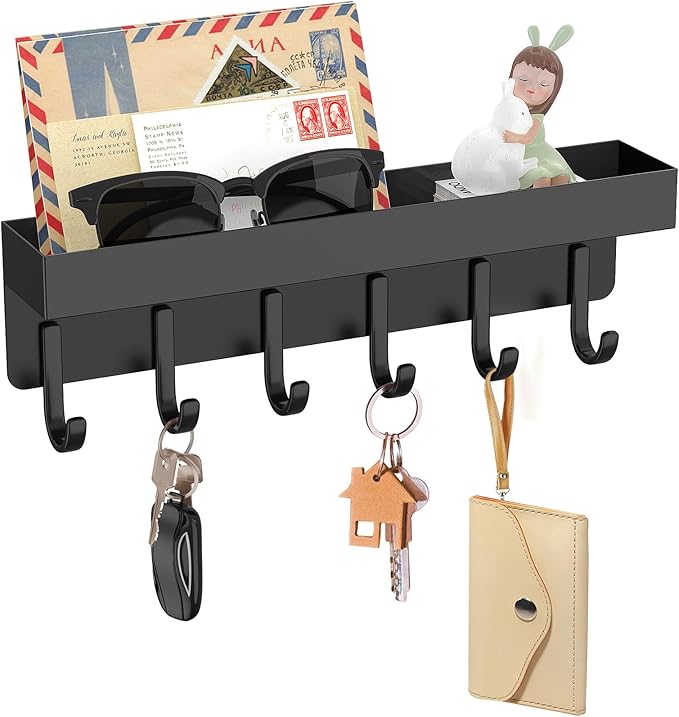 Magnetic Key Holder, Small Wall Mount Key Rack with Shelf for Fridge, 6 Metal Hooks, 9.65 Inch, 2 Installation Options, Black