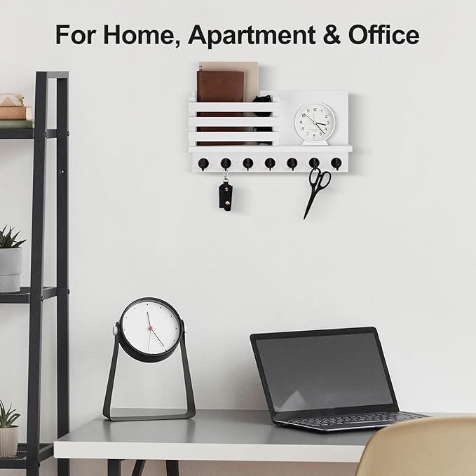 Lwenki Key Holder for Wall – Decorative Wooden Mail Holder and Key Shelf with Mounting Hardware, Installation Guide – Paulownia Wood with Metal Key Hooks (White, Extra Large - 15.6inch)
