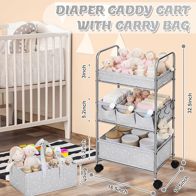 Yookeer 2in1 Baby Diaper Caddy Organizer Cart 3 Tier Large Capacity Metal Utility Bedside Rolling Cart with Divider Newborn Registry Gift Nursery Essential Must Have Bedroom Baby Shower(Gray,Star)