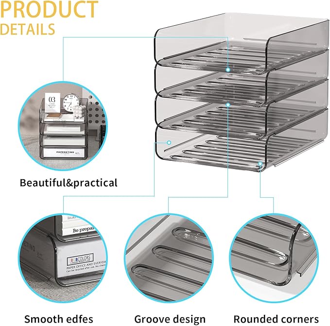 FANXIYQ 4-Tier Acrylic Paper Tray Organizer | Clear Stackable Desk Organizer for Documents, Letters, A4 Paper | Modern Office/Classroom/Home Organization,Brown