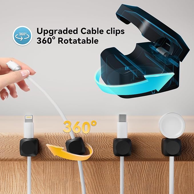 Lancord 8 Pack Cord Organizer Holder, Rotatable Cable Clips, Spring Cord Holder for Nightstand Adhesive Cable Organizer, Cable Management Clips Charging Cord Organizer (Black, Square)
