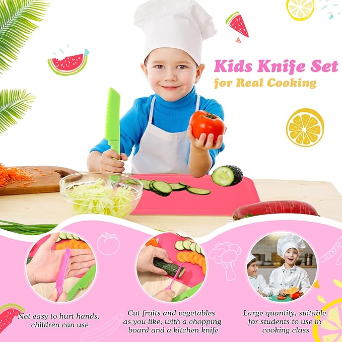 Yinkin 20 Pcs Kids Plastic Knife Set with Cutting Board Toddler Knife Tools, Including 10 Child Safe Knife 10 Chopping Board Kids Cooking Utensils for Cooking Club, Preschool