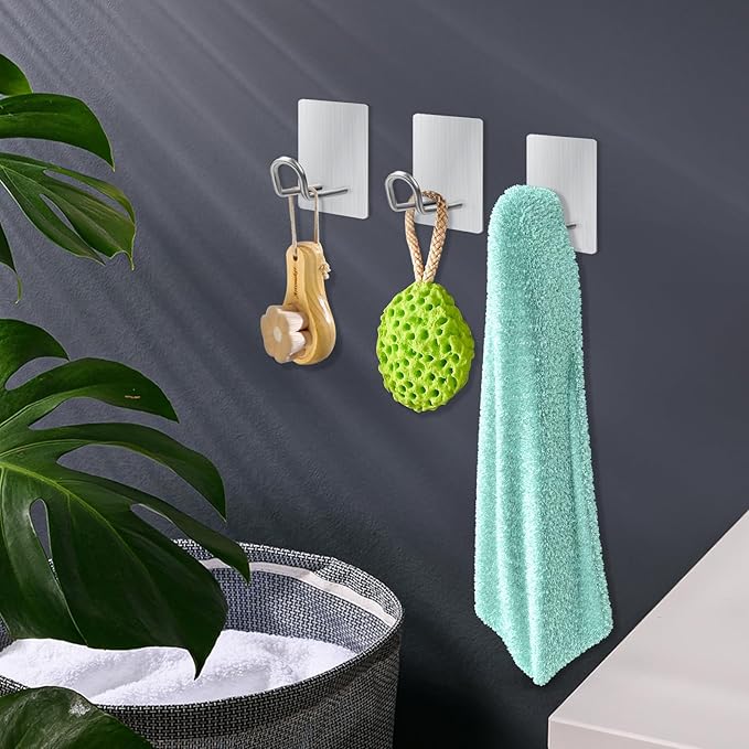 Self Adhesive Hooks Heavy Duty, Large Stainless Steel Towel Hooks, No Drill Sticky Hooks, Long Stick on Shower Wall Hooks for Hanging Hat Coat Key Headphone (Silver(6Pcs))