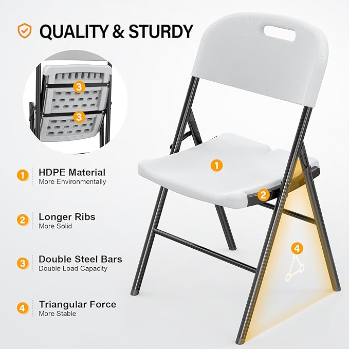 VINGLI Folding Chairs, Heavy Duty Foldable Chair Portable HDPE Plastic Seat with Steel Frame for Indoor Outdoor Dinning Party Wedding School Use, White, 2 Pack
