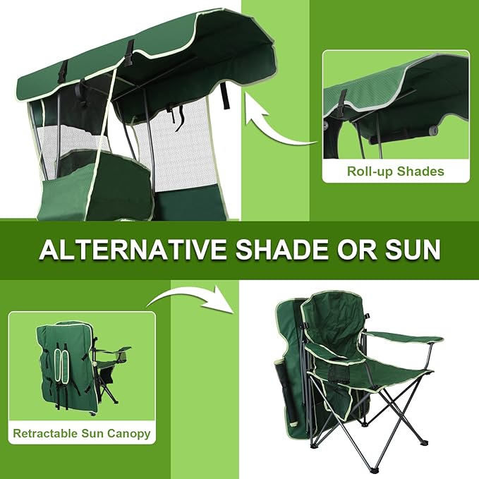 Romswi Folding Canopy Beach Camping Chairs for Adult 2 Pack, Portable Outdoor Chairs with Sunshade,Cup Holder & Side Pocket for Camping, Fishing, Beach, Backyard, Green