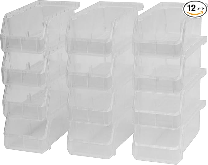 ReadySpace Plastic Containers for Organizing and Storage Bins for Drawers, Desks, Office Organization, and Garage, Stackable Bins, Small (3" x 7" x 4"), 12-Pack, Clear