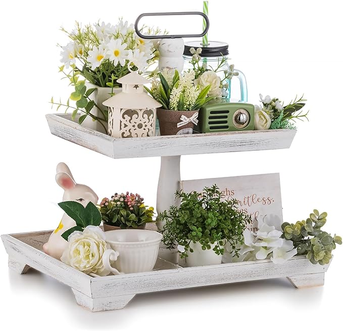Hanobe Tiered Tray for Table Decor: 4th of July 2 Tier Decorative Tray Stand for Coffee Bar - Large Farmhouse White Display Stands for Holiday - Wood for Kitchen Counter Decorations