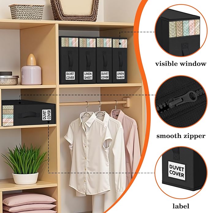 WOWBOX Sheet Organizers and Storage,Closet Bed Sheet Organizer Under Bed Storage and Organization with Label Cards & Clear Window for Bedding Sheets,Duvet Covers,Blankets (6 Pack，Black)