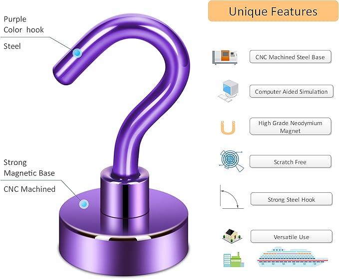 Neosmuk Magnetic Hooks, Heavy Duty 30lb+ Strong Magnet Hook for Cruise Cabins, Cruise Essentials 2026 for Hanging, Metal Wall Refrigerator Hangers (Purple, 15 Pack)