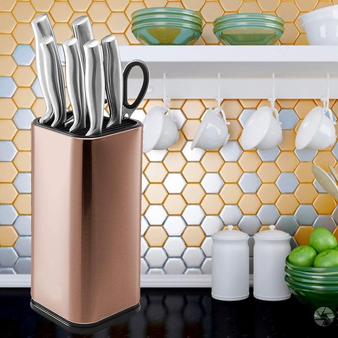 Rose Gold Stainless Steel Universal Knife Block Holder with Slots for Scissors or Sharpening Rod, Space Saver Knife Storage, Detachable for Easy Cleaning, Square Knife Holder For Safe