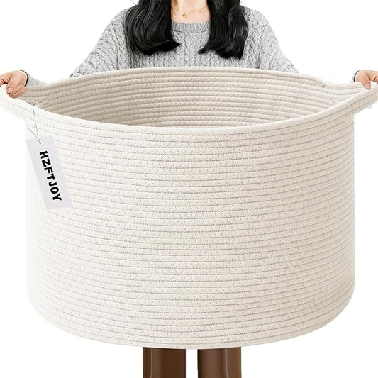115L Extra Large Woven Cotton Rope Blanket Basket with Handles, Laundry Hamper Storage Bin for Pillows, Comforters,Clothes, Toys, Nursery, Bedroom and Living Room Organization,White
