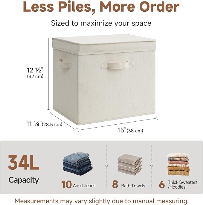 StorageWorks Storage Bins with Lid, Decorative Fabric Storage Bins with Handles, Stackable Closet Organizers for Shelves and Bedroom, Large, Beige(Natural Fabric), 2-Pack