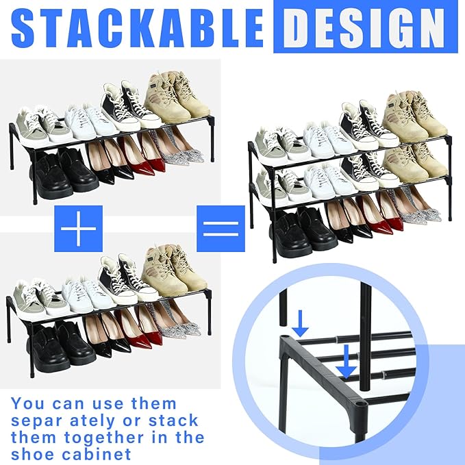 Teenyyou 2 Pcs Expandable Shoe Rack 17 ''-30 '' Adjustable Shoe Shelf Metal 1 Tier Rack Black Stackable Organizer for Cabinet Entryway Closet Doorway Front Door Small Space Dorm Room Storage