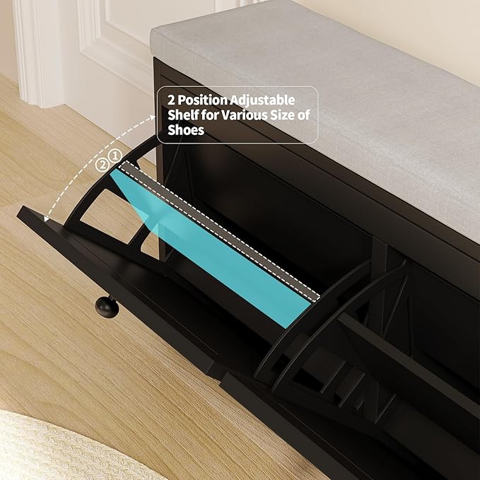 VOWNER Shoe Bench with 2 Flip Drawers, Shoe Organizer Storage Bench with Adjustable Shelves for Entryway, Hallway, Living Room (Black)