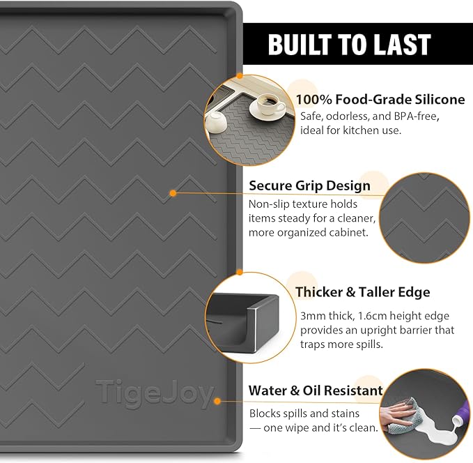 Tigejoy Under Sink Mat 22"" x 19""- Waterproof Silicone Shelf Protector for Kitchen and Bathroom Cabinets, Under Sink Drip Tray Organizer, Mat for Kitchen Cabinet Organizers and Storage, Light Gray