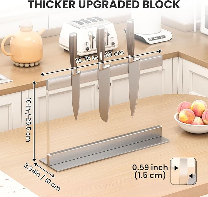 THMINS Acrylic Magnetic Knife Holder, Large Transparent Magnetic Knife Block Double-Sided Magnetic Kitchen Countertop Universal Knife Display Stand Multifunctional Storage