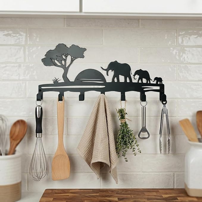 Metal Key Holder Wall Mount, African Safari Key Rack Hooks, Elephant Family Sunset Wall Art Organizer for Entryway, Kitchen, Hallway, Garage, Farmhouse Home Decor & Housewarming Gift (Elephant)