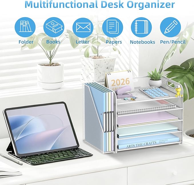 SUPEASY 5-Tier Desk Organizer with File Holder, Desk Organizers and Accessories, Paper Organizer for Desk, Mesh Desktop File Organizer, Workspace Organizers for Office School Home, White