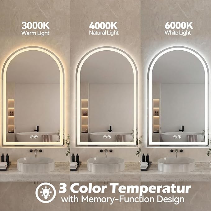 Sweetcrispy 28"×36" LED Arched Bathroom Mirror with Lights, Arched Lighted Bathroom Vanity Mirror with Anti-Fog, Dimmable, 3-Color Light, Memory Function, Tempered Glass
