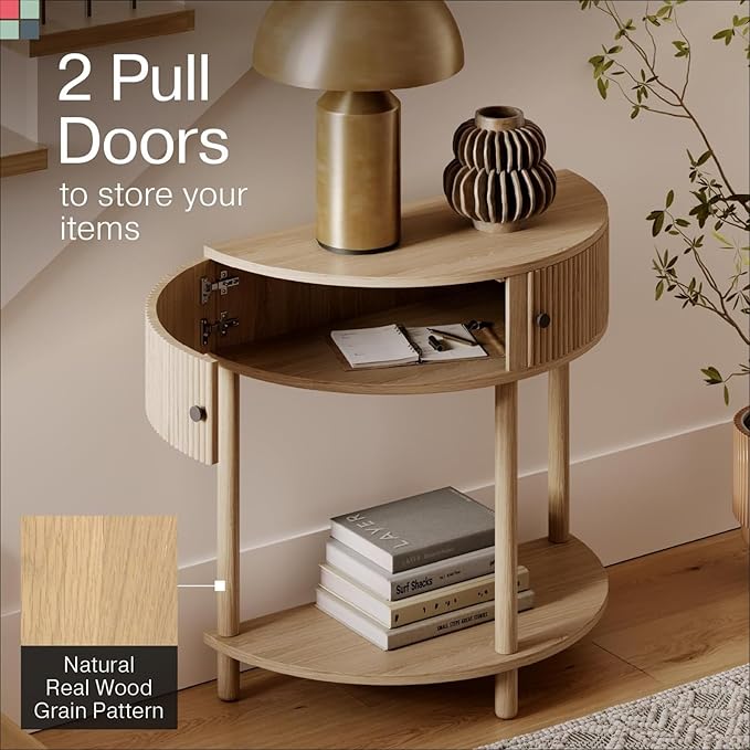 Stead Fluted Half Moon Shaped Console Table, Small Entry Desk, Living Room Furniture, Modern Home Decor, Solid Wood Entryway Table with Two Doors and Black Knobs (Natural Oak)