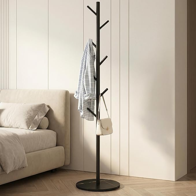 Heavy Duty Freestanding Coat Rack, Modern Hall Tree,7 Hooks, 3 Adjustable Height, Sturdy Metal Clothes hook stand with base for Entryway Bedroom Office for Coats Hats Handbags and Purses, Black