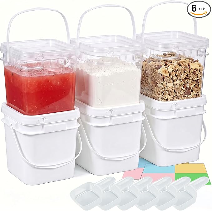 DEMORA 34oz Food Grade Square Plastic Bucket with Lid, Clear Airtight Storage Pail, Reusable Container for Kitchen Food Ice Cream Household Use, 6Pcs (3 White+3 Transparent)
