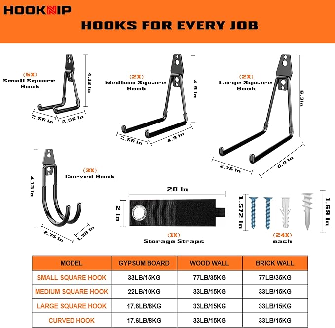 Pack 13 Garage Hooks Heavy Duty | Multi-Sized Wall-Mounted Tool Hangers with Anti-Rust PVC Coating | Heavy Duty Wall Hooks for Bikes, Ladders, Garden Tools, and More with Garage Wall Organizer