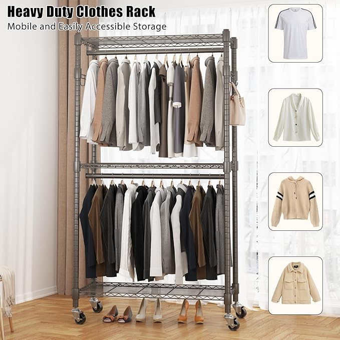 BATHWA Clothes Racks for Hanging Clothes, 35.5" W x 16.5" D x 80.7" H, Rolling Tall Heavy Duty Wardrobe Rack with Shelves & Wheels Metal Freestanding Multifuctional for Bedroom Laundry balcony, Grey