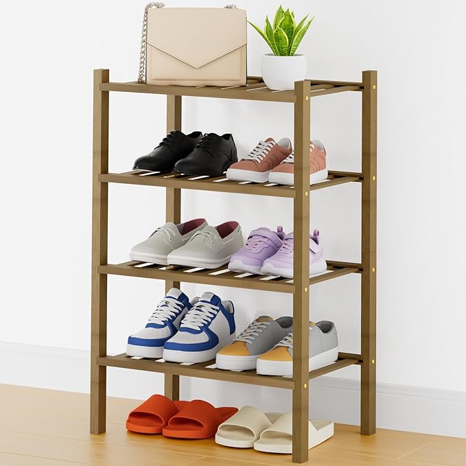 Smiry Small Bamboo Shoe Rack, 4 Tier Free Standing Wooden Shoe Organizer, Stackable Wood Shoe Storage Shelf for Closet, Entryway, 14 Vertical Slats, 2+2 Stack Heavy-Duty Legs, 17.3"x11"x26", Walnut