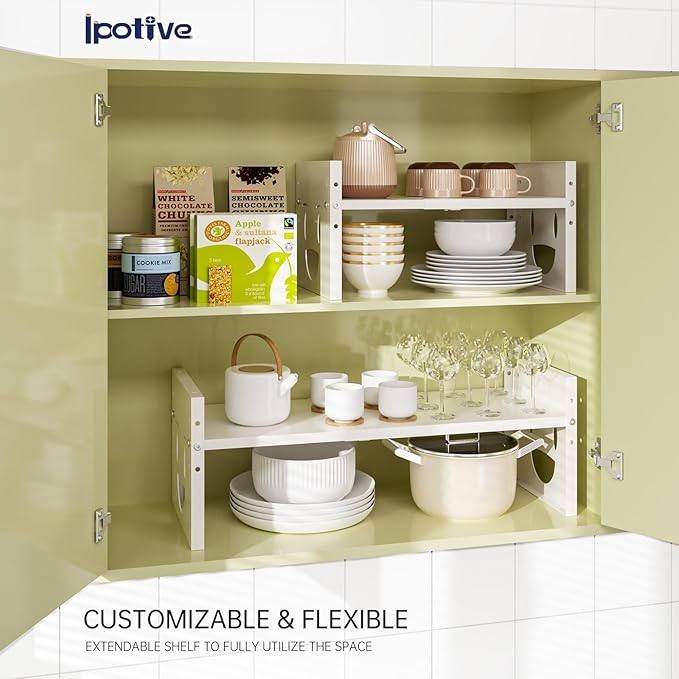 Fun-Face Expandable Cabinet Shelf Organizer,Adjustable Height & Width, Stackable Metal Storage Rack,Kitchen Spice Rack, Pantry Shelf, Countertops (1, White)