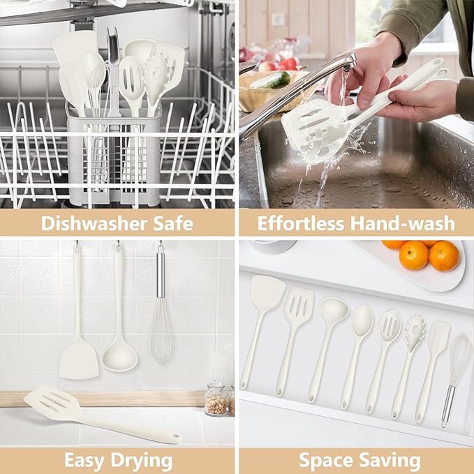 TeamFar Silicone Cooking Utensils Set, 8 PCS Kitchen Utensils Set, 446°F Heat Resistant, Turner, Spatula, Spoon, Whisk, Kitchen Cooking Gadgets Tools for Nonstick Cookware, Dishwasher Safe-White