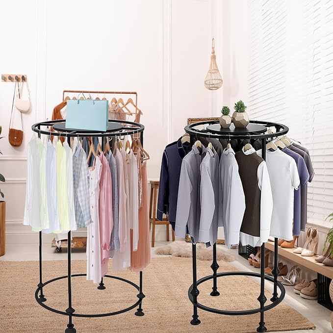 Freestanding Round Garment Display Retail Rack, Floor-Standing Double Space Multi-Purpose Metal Shelf for Clothes Storage, Commercial Clothing Organizer in Retail Boutiques (Black, 23.6"x 51.2")