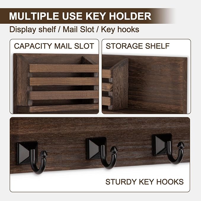 Key Holder Wall Mount, Mail Organizer for Wall with 5 Square Rustic Key Hooks Key Shelf Farmhouse Home Decor for Entryway