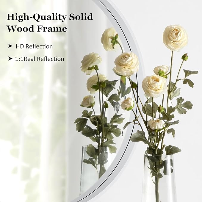 HOMECOOKIN Round Wood Mirror, 31" Round Bathroom Wall Mirror Circle Mirrors for Wall Decor, Vanity, Living Room, Bedroom, Entryway, White