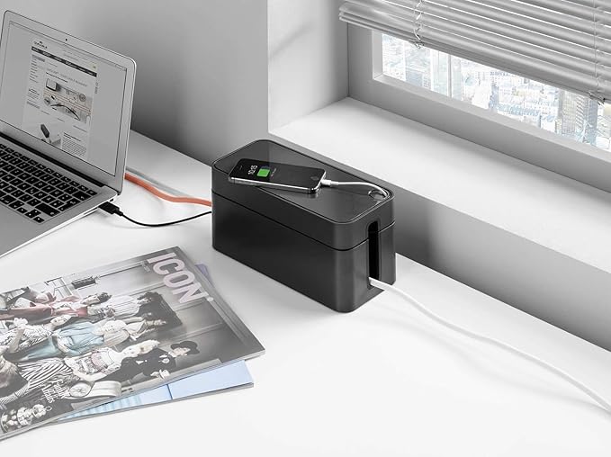 Durable Cavoline Cable Management Box S - Safely Store Power Blocks and Cables - USB Cable Outlet for Charging Devices - Made of Flame Retardant Plastic - Small Box in Graphite