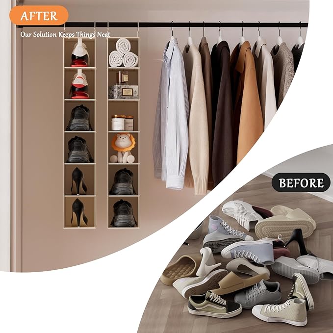 Hanging Shoe Shelves - 6 Section,Closet Organizer Set of 2 with Woven Bamboo Shelves,Slim 5.5” Wide Design for Space-Saving Storage,White