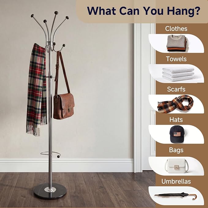 Metal Coat Rack Freestanding with Natural Marble Base, coat rack stand with 11 Hooks & Umbrella Holder, heavy duty coat rack for Coats Hats for Entryway Bedroom Office（silvery）