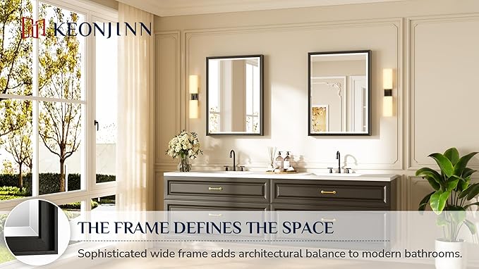 Keonjinn 24" x 32" Black Mirror for Over Sink, Black Bathroom Vanity Mirror, Tempered Glass Beveled Edge, Aluminum Alloy Wide Framed, Lightweight, Rectangular Modern Farmhouse Mirrors for Wall Decor