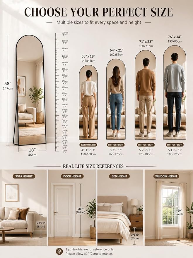 Full Length Mirror, Arched Floor Mirror Freestanding, Floor Standing Full Body Mirror with Stand for Bedroom, Hanging Mounted for Living Room Cloakroom