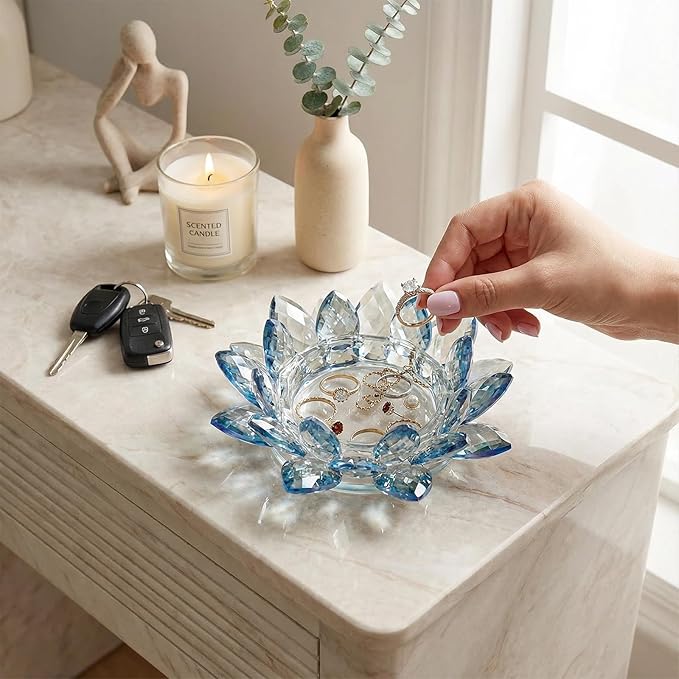 Crystal Flower Jewelry Tray, Luxury Transparent Decorative Trinket Dish for Rings, Earrings, Necklaces, Keys for Vanity Dresser Nightstand, Elegant Gift for Women Mother's Day (1, 6.3"(W)- Blue)