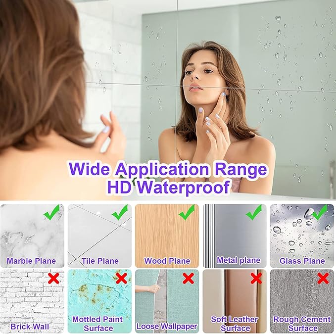 JUNEBRUSHS 8 Pack Self Adhesive Acrylic Mirror, Flexible Plastic Sheets Wall Stickers,2MM Thick Mirror,Frameless Small Mirror