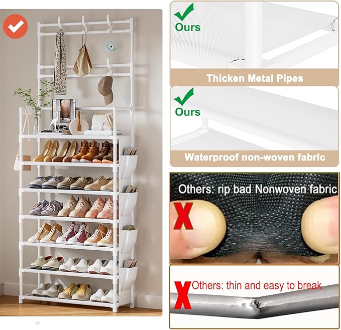 OYREL Shoe Rack 7 Tier Shoe Organizer Storage 21-28 Pairs Closet Shoes Rack for Front Door Entrance Shoe Rack Organizer with Hooks Side Pocket Entryway Large Capacity Shoe Shelf Tower Garage