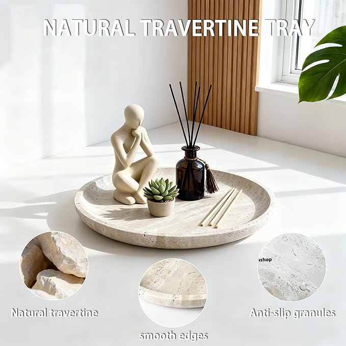 Vanity Tray for Bathroom, Dresser, Counter, Home Decor 10.24” D x 1.18”H Travertine Round Decorative Tray for Candles, Perfumes, Jewelry, Plants Natural Stone Organiser Dish Beige (NS053)