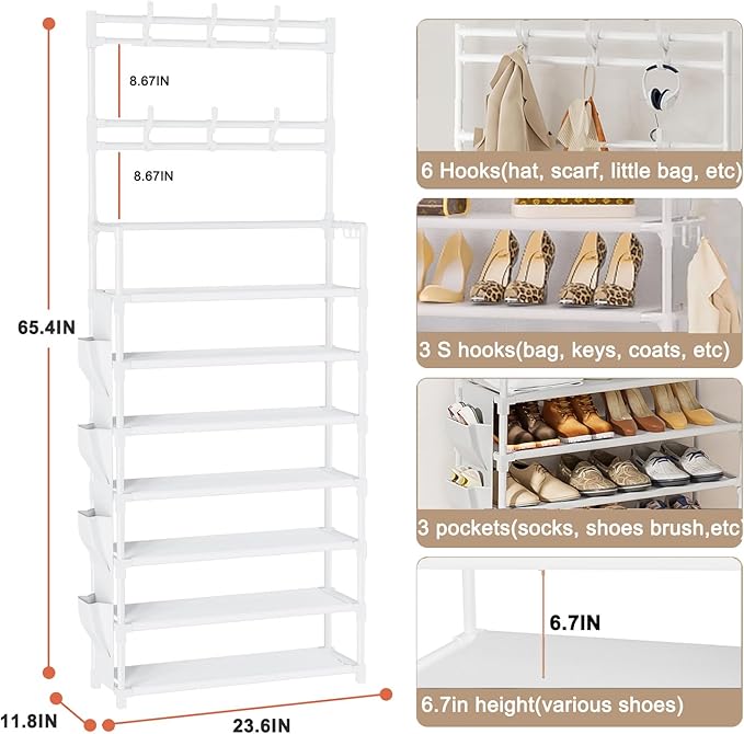 OYREL Shoe Rack 7 Tier Shoe Organizer Storage 21-28 Pairs Closet Shoes Rack for Front Door Entrance Shoe Rack Organizer with Hooks Side Pocket Entryway Large Capacity Shoe Shelf Tower Garage
