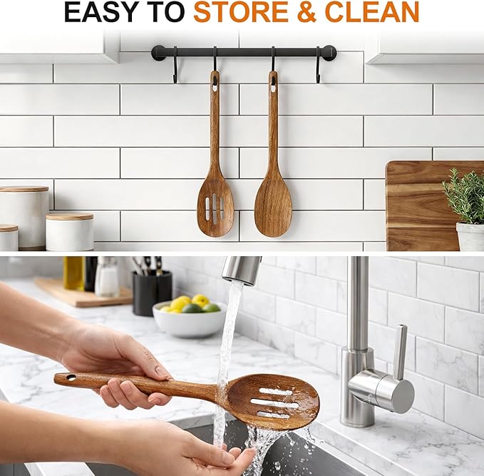 Acacia Wood Spoons for Cooking Spoon Set Large Wooden Cooking Spoons Long Slotted Spoon Kitchen Utensils Big Mixing Spoons Spootle Cucharas De Madera Para Cocinar Stirring Spoon Kitchen Tools Gift